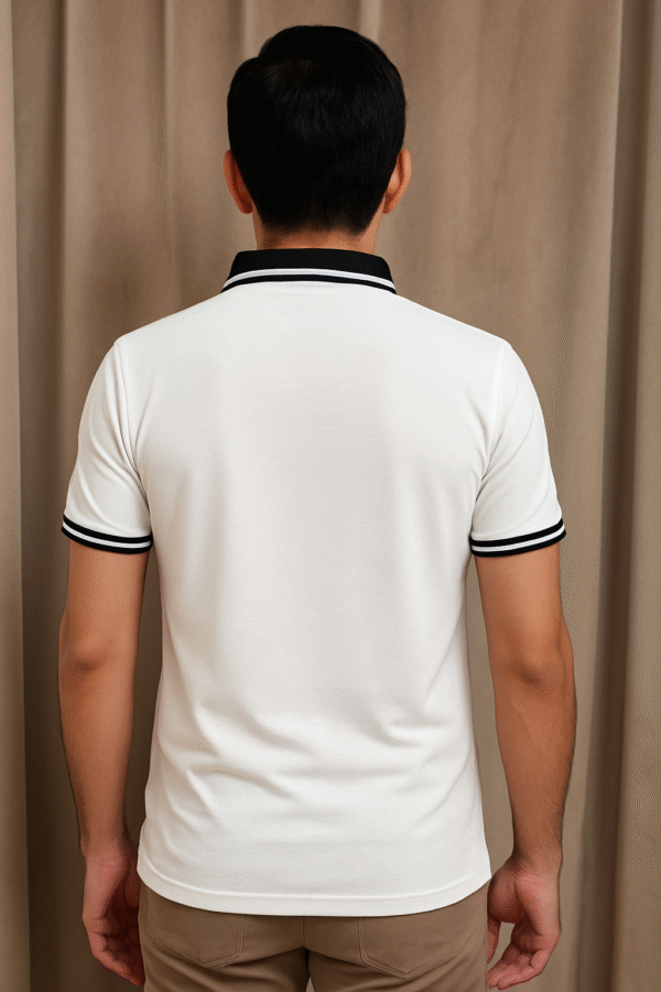 White Polo With Black Striped On Collar - PK Fabric - Image 2
