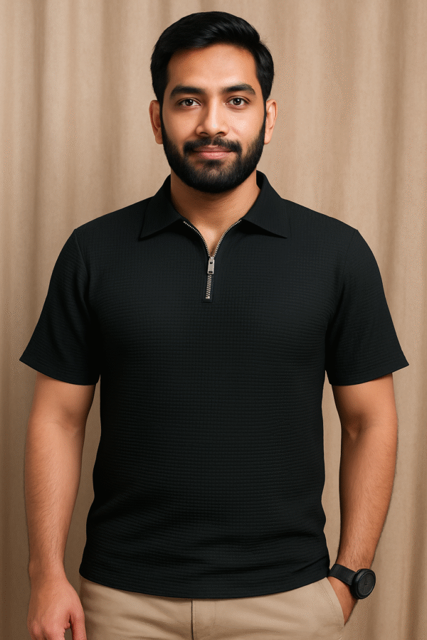 Zipper Black Polo - Piqué Knit
