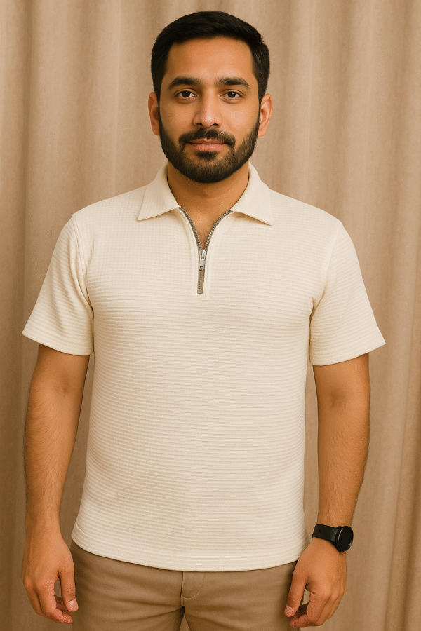 Zipper Creamy White Polo - Piqué Knit